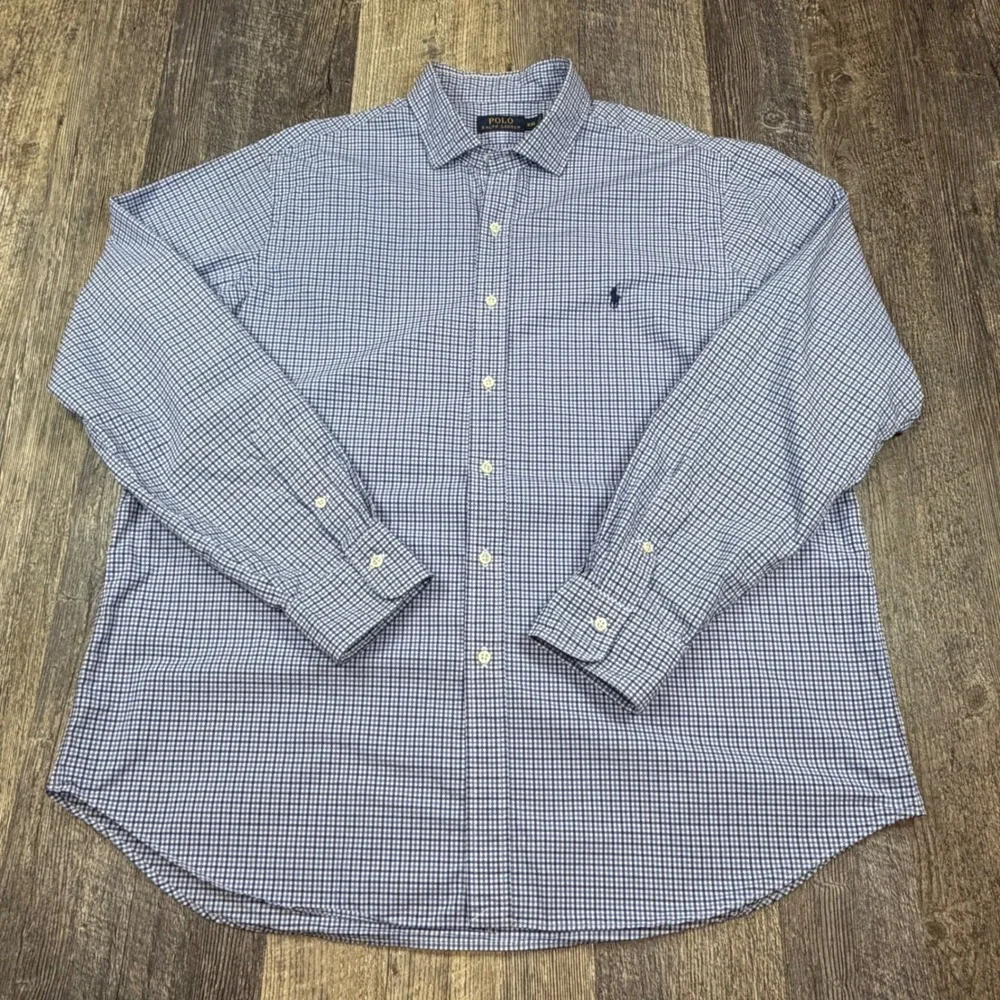 Polo Ralph Lauren Mens XXL Blue Micro Gingham Check Button Down Long Sleeve